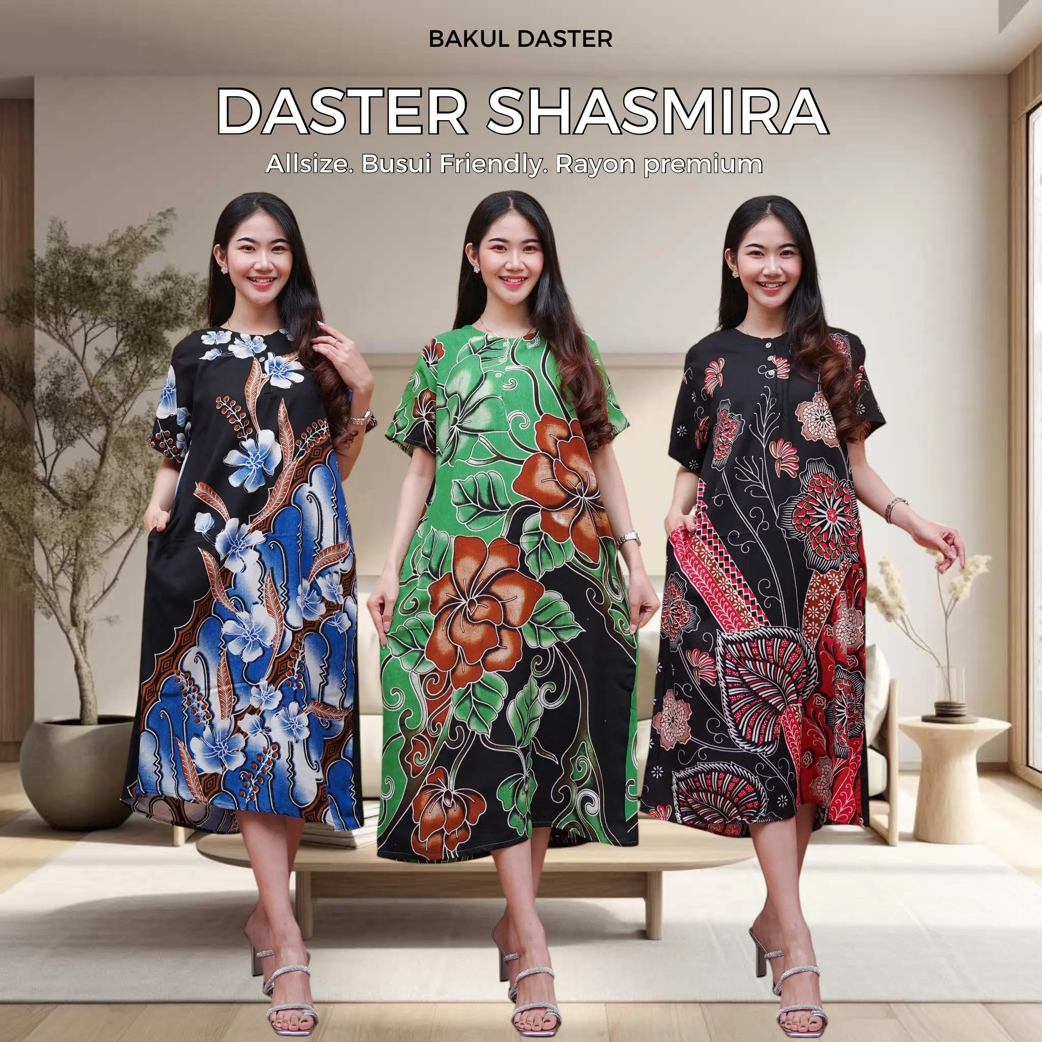 Daster Batik Shasmira Rayon Tidur Lengan Pendek Wanita Busui Dress Midi Bumil Katun Motif Kancing Panjang Serut