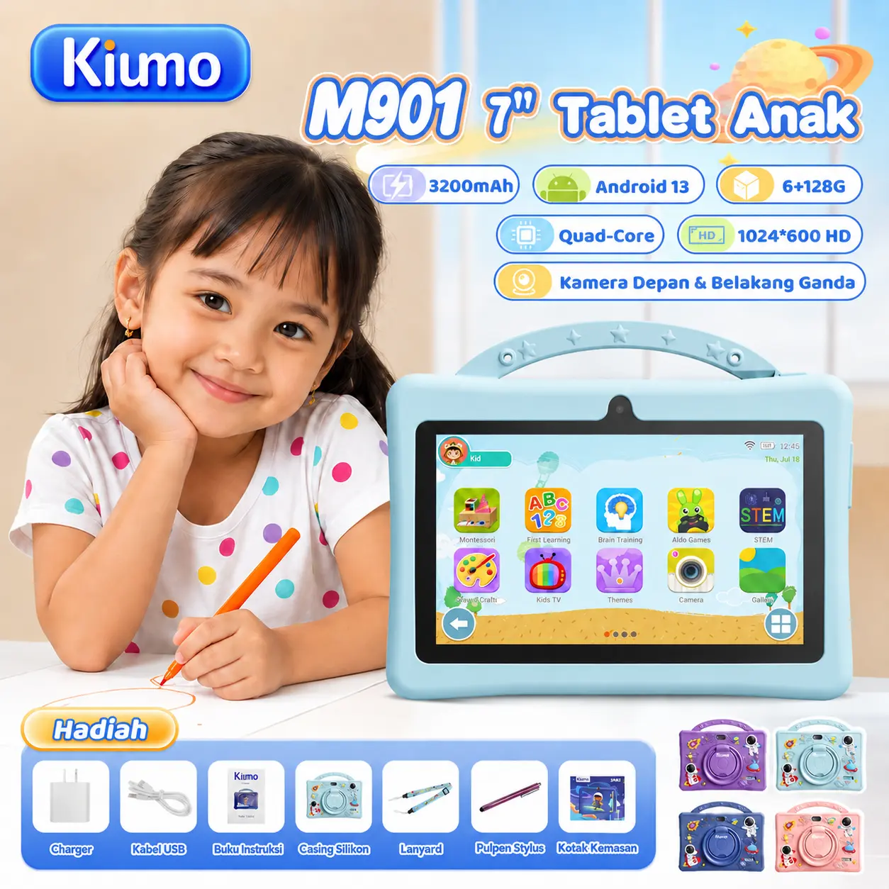 Kiumo M901 Tablet Anak Android 13 6/128GB 7 Inci Kamera 2MP Perlindungan Radiasi Wifi 2Camera Bluetooth Edukasi Anak Tablet Edukasi Anak Android Belajar