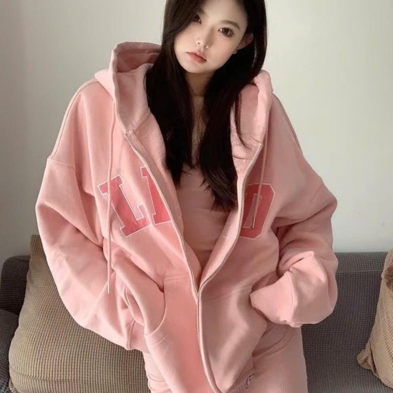 Áo khoác Hoodie khoá zip in chữ LKOD 2 màu hồng xám xinh xắn Top Nữ Hoodie nỉ bông