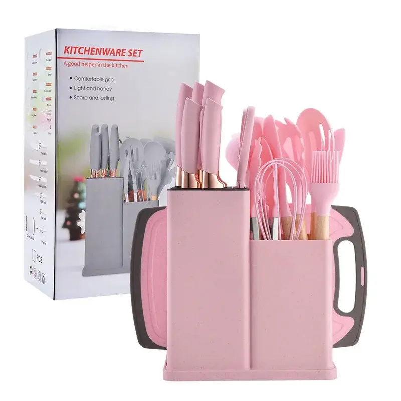 Conjunto de 19 utensílios de cozinha de silicone antiaderente, incluindo espátula, concha para sopa e jogo de facas com cepo. - 5