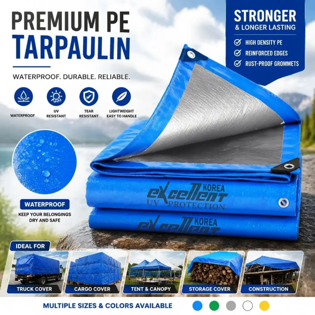 Terpal PE35 350 Micron 240 GSM Biru Silver Tebal Kuat Waterproof Grosir Harga Pabrik