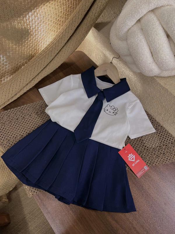 Set Áo Thun Trắng Cổ SM Xanh Đen (Cà Vạt) Kèm Chân Váy Xếp Li 85H Dành Cho Bé Gái