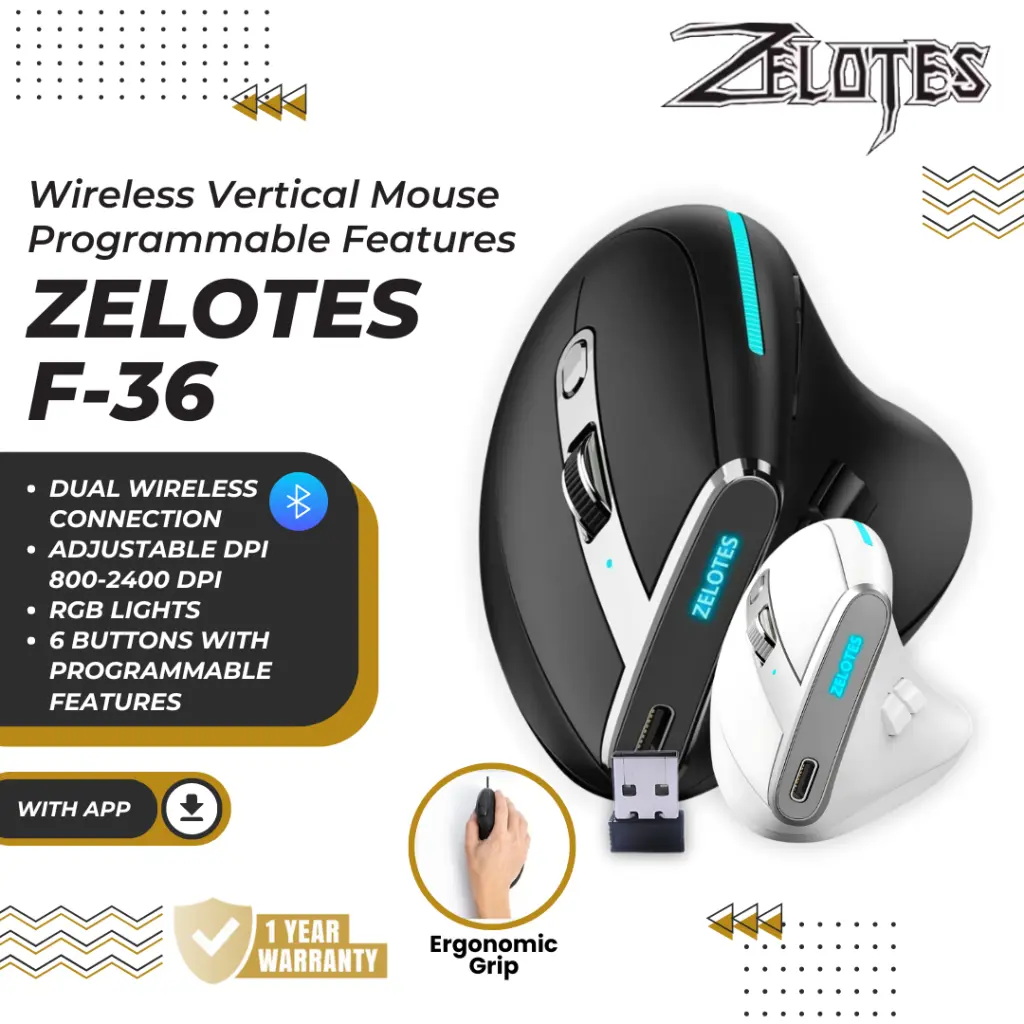 Zelotes F36 Wireless Vertical Mouse Programmable Bluetooth 5.0 USB 2.4G