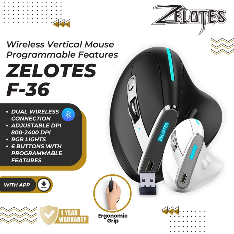 Zelotes F36 Wireless Vertical Mouse Programmable Bluetooth 5.0 USB 2.4G 0