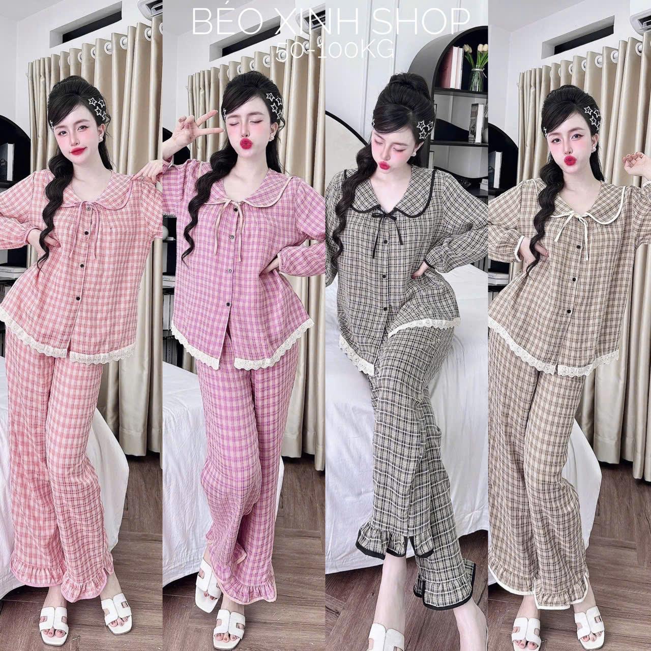 Đồ Bộ - Đồ Ngủ Tay Dài Quần Dài Vải Xốp Vân Gỗ Cao Cấp Phối Cổ Bèo Tiểu Thư Pijama Bigsize 50-100kg Bộ Ngủ Nữ Áo Ngủ Women Quần Ngủ - A.5646