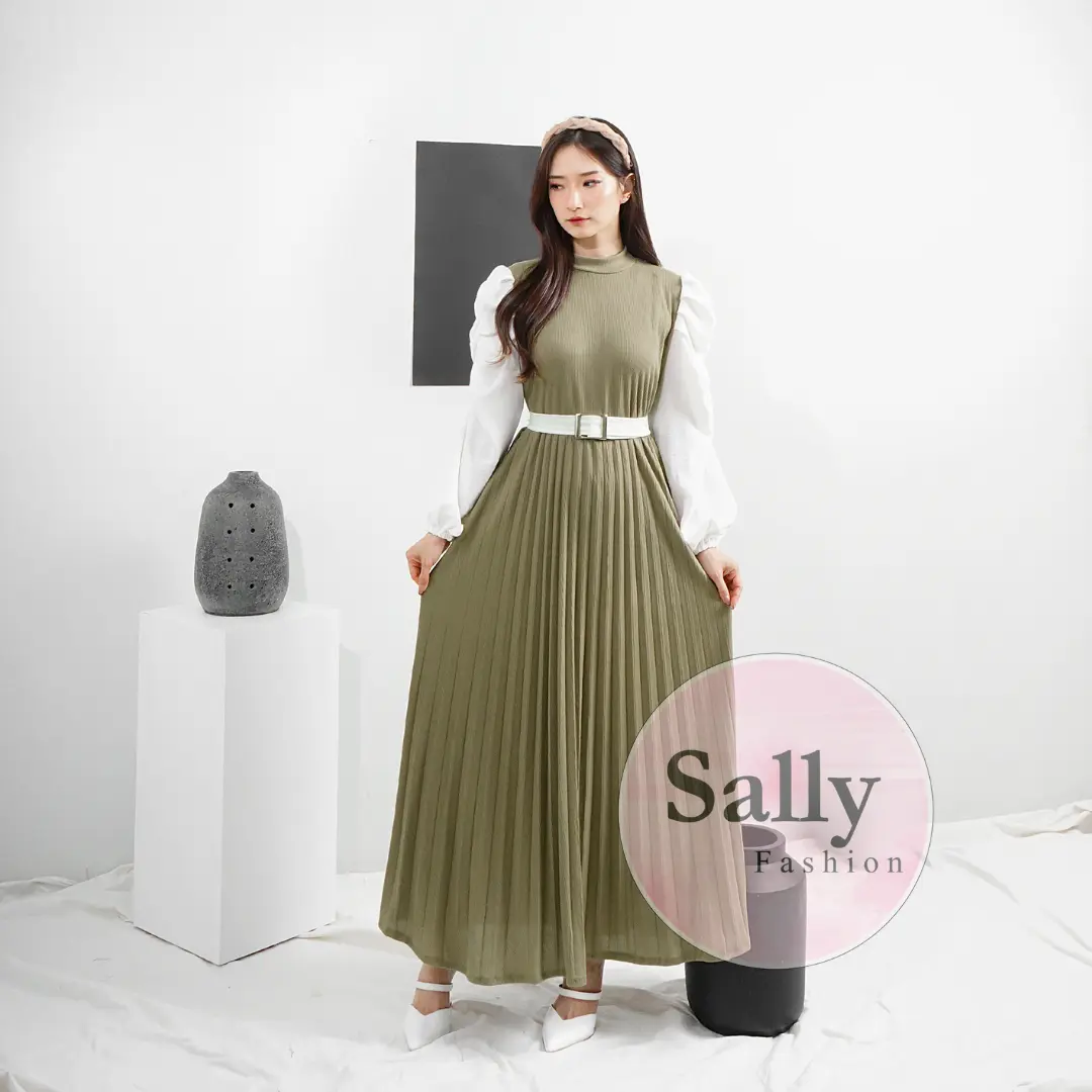 SF - Dress wanita Vanni lengan Puff rib knit plikset - gaun wanita