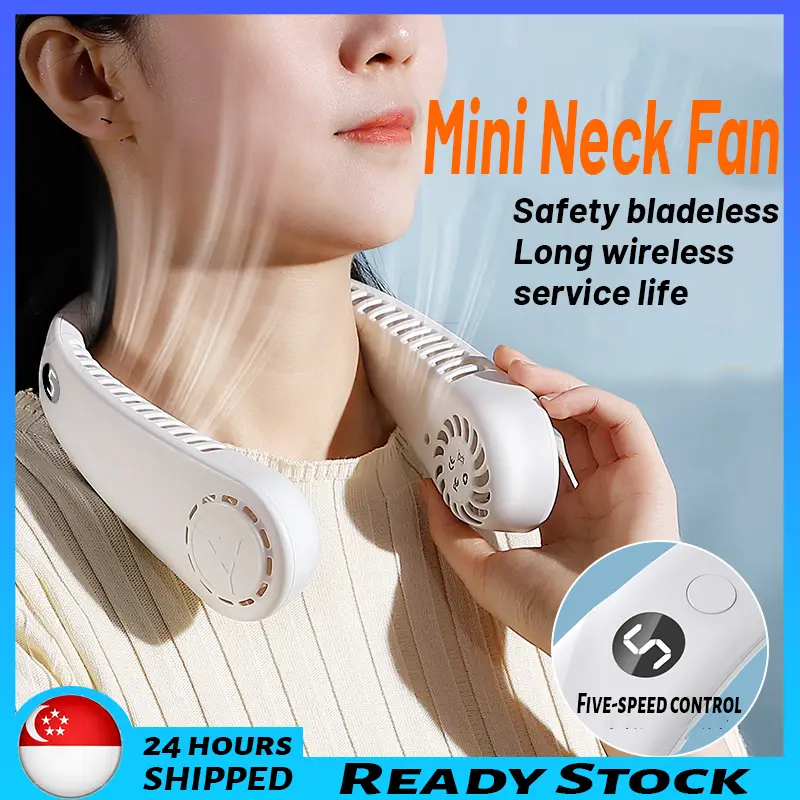 2024 NEW [in stock] portable fan foldable neck fan USB rechargeable MNI bladeless fan outdoor hanging 4 speeds adjustable Mobile Folding