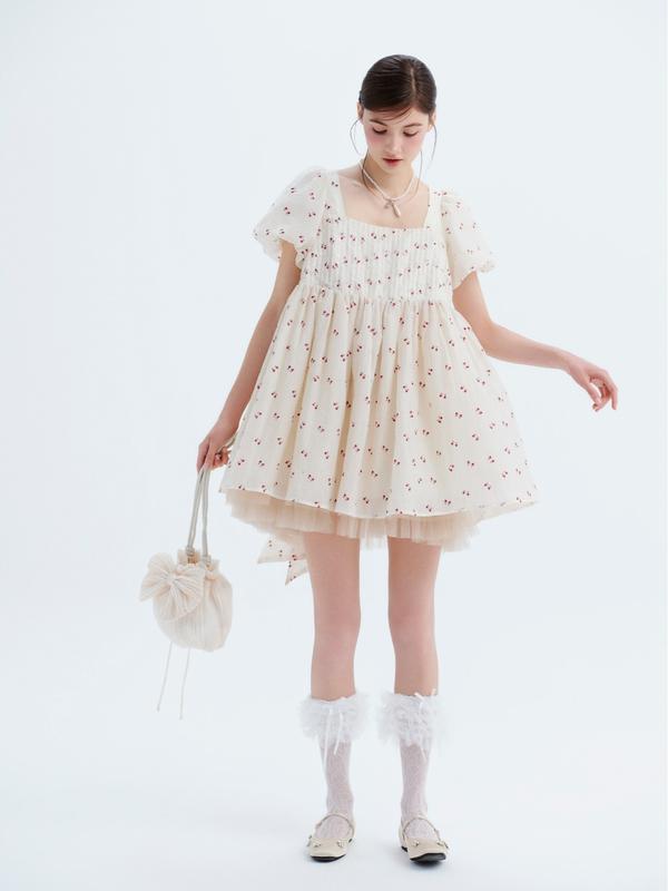  Đầm babydoll ngắn tay bồng cổ vuông họa tiết nơ dễ thương Willis phù hợp đi chơi OLV 