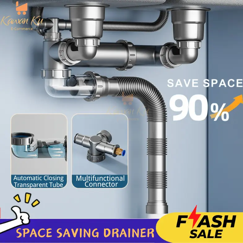 Space Saving Strainer Kitchen Drain Pipe Sink Sewer Pipe Drainage Anti-Odor Transparent High-Temperature Resistant