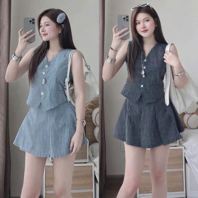 Thời Trang Bigsize Set Quần Giả Váy Áo Cổ Tim Phối Nút Thanh Lịch Vải Sọc Chỉ Đứng Form  40 - 90Kg Dễ Thương Top Nữ Đen Women - A.1571