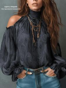 Camisa top vintage para mujer con hombros descubiertos y patrón paisley, diseño retro elegante, perfecta para uso casual y formal, pieza de moda única