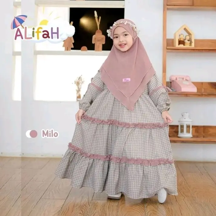 Alifah Set Kids Gamis + Jilbab anak perempuan Knit Mix Ceruty Usia 3-6 tahun Baju Muslim Anak Mewah Lebaran