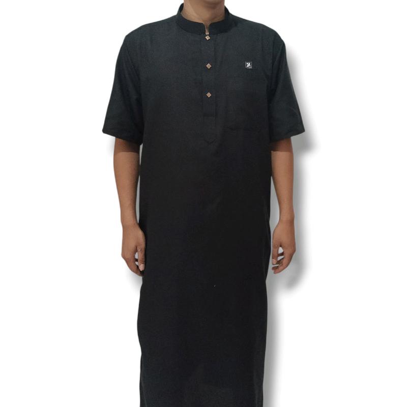 Jubah Afsheen Kancing Lengan Pendek  Muslim Dewasa Pria Hitam Abu 3