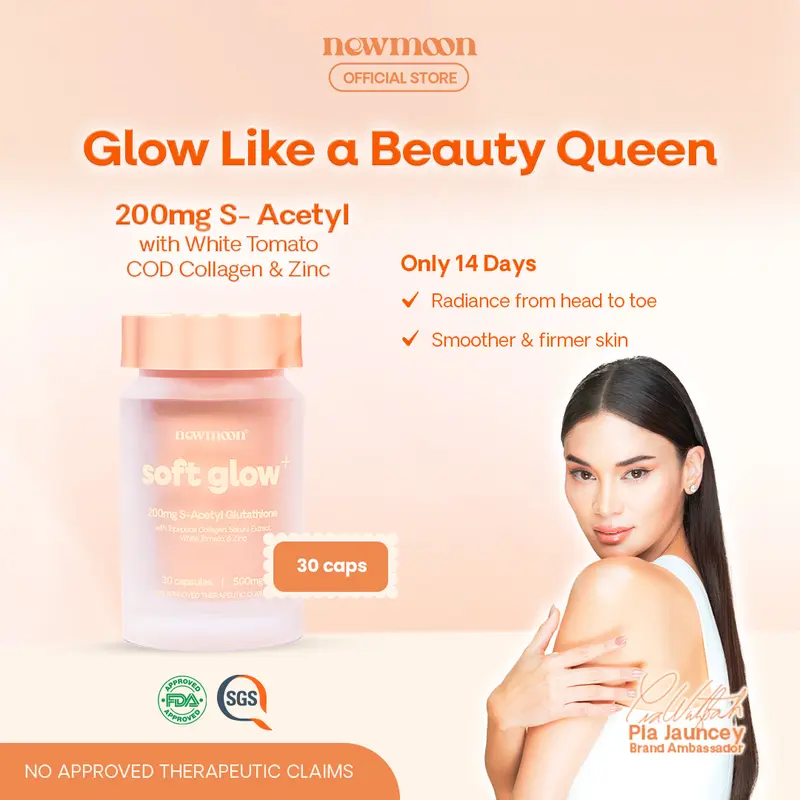 NEW MOON Brightening S-Acetyl Glutathione Supplement 60 Capsules with Collagen & Vitamin C | Soft Glow+