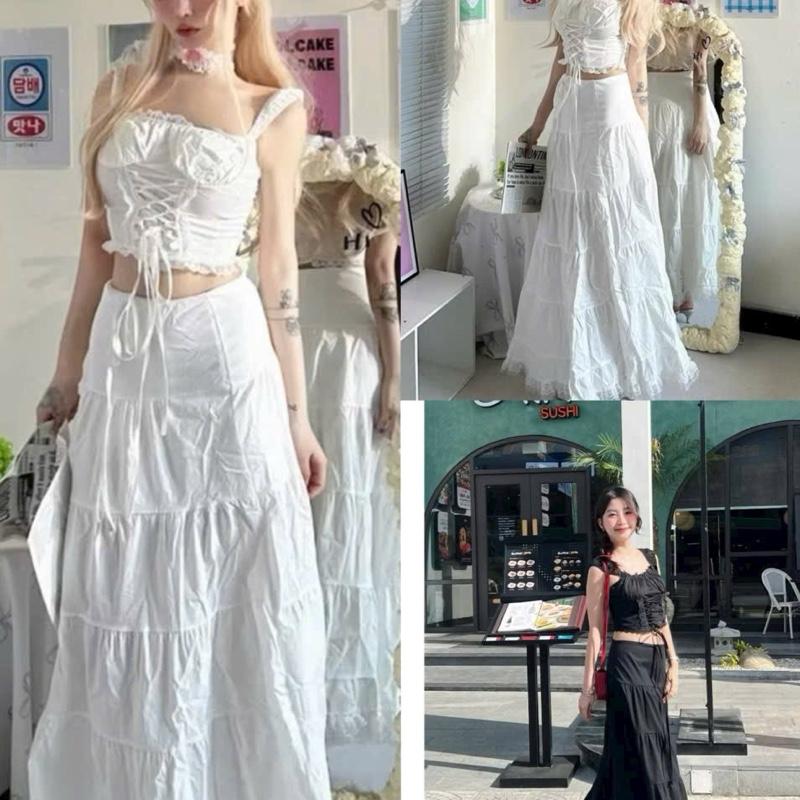 Mèo Mỡ Bigsize — Set bộ maxi 2 món thời trang bigsize nữ áo đan dây kèm chân váy tầng dài xoè 60-95kg