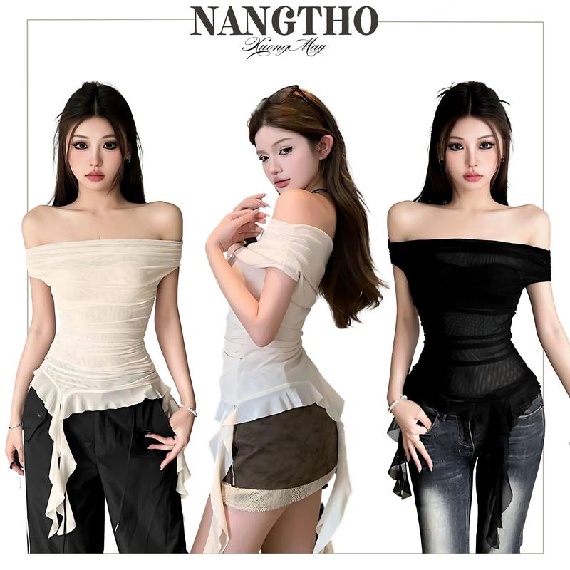  342 Xả Kho Cuối Năm  Áo Bẹt Vai Y2K Ôm Body Phối Tua Rua Chất Ren Lưới Mịn 