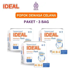 [3Bag] IDEAL Popok Dewasa Celana M8+2 Pcs HALAL - Cepat Kering, Daya Serap Tinggi, Anti Iritasi & Anti Bakteri