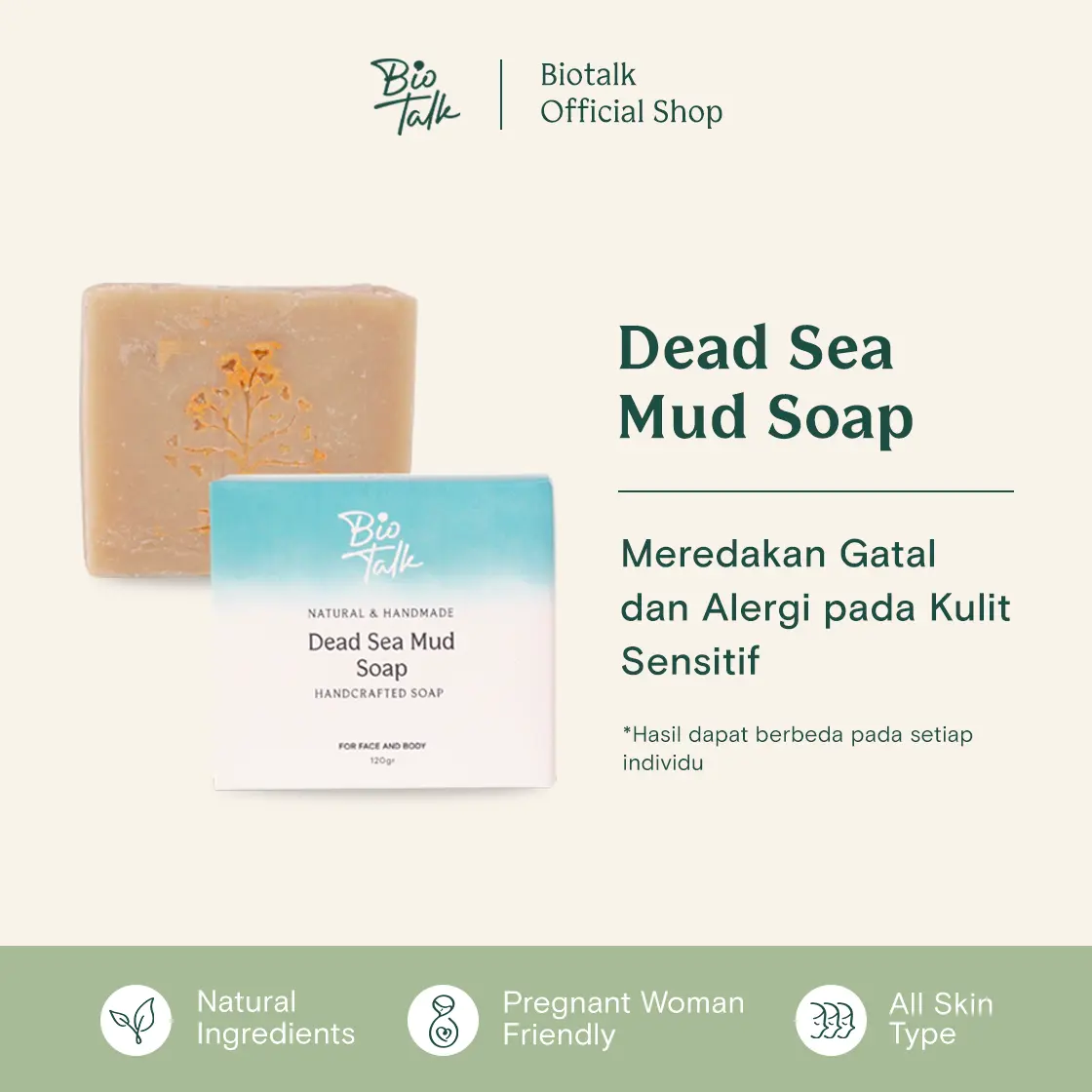 Biotalk Dead Sea Mud Soap | 120 gram | No SLS/SLES | Sabun Mandi Lumpur Laut Mati Natural Handmade untuk Gatal-gatal