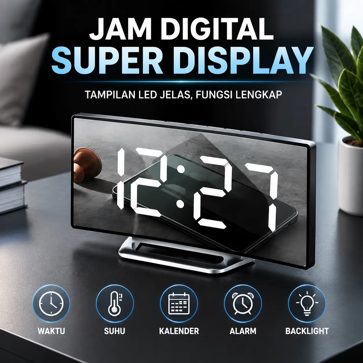 Jam Digital Elektronik Super Display Multifungsi dengan Suhu Udara Kalender Alarm dan Lampu Backlight Terang untuk Ruang Tamu Kamar Sederhana Hitam LED Putih