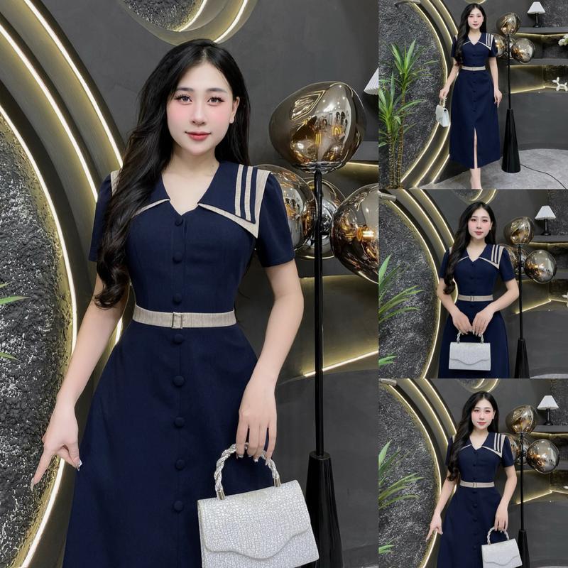 BF64- Váy Thiết Kế Evii dành cho nữ, Đầm thiết kế cổ kép phối viền, đai may liền dáng A dài có xẻ trước phù hợp đi làm, đi chơi và đi dự tiệc. Có Bigsize Women Dress