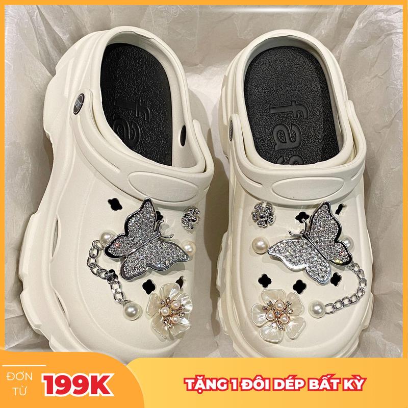Dép Sục Cros MLS Đế Cong Độn cao 7CM 2 màu Đen Trắng kèm bộ sticker gấu ngọc Nữ DéP