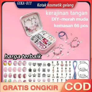Toys Indonesia Guka-DIY Gelang Pasangan DIY Anak Perempuan Kit Kotak Kosmetik Gelang Merah Muda 66 Pcs Aksesoris Tangan Buatan Tangan dari Manik Pelangi Pink Desain Kartun Lucu Hadiah Ulang Tahun & Kerajinan Kreatif