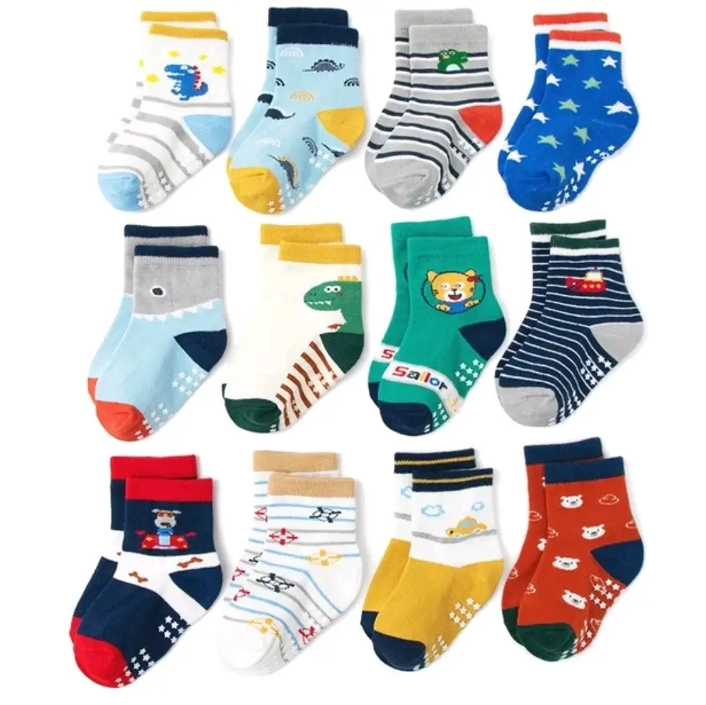 (12 PASANG) Kaos Kaki Bayi Cowok Cewek 0-12 bulan Lurus Telapak Anti Slip Motif Karakter Lucu Perempuan