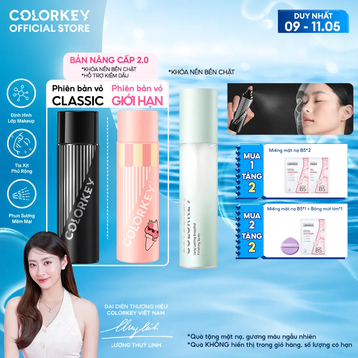 Xịt Khóa COLORKEY Tia Sương Mịn Giúp Cố Định Lớp Trang Điểm Lâu Trôi 100ml/chai fullsize HOẶC 30ml minisize