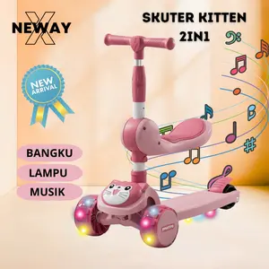 NewayX Skuter Mainan Anak Kucing Lucu 2 in 1 Scooter Lipat 2in1 Bangku Roda Tiga Lampu Musik Rem Toys