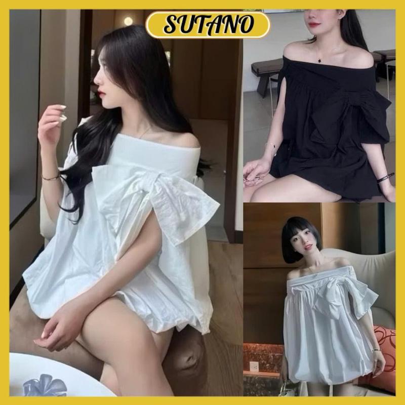  Đầm babydoll váy nữ trễ vai dáng phồng phối nơ to tiểu thư bánh bèo kèm quần V81 SUTANO 