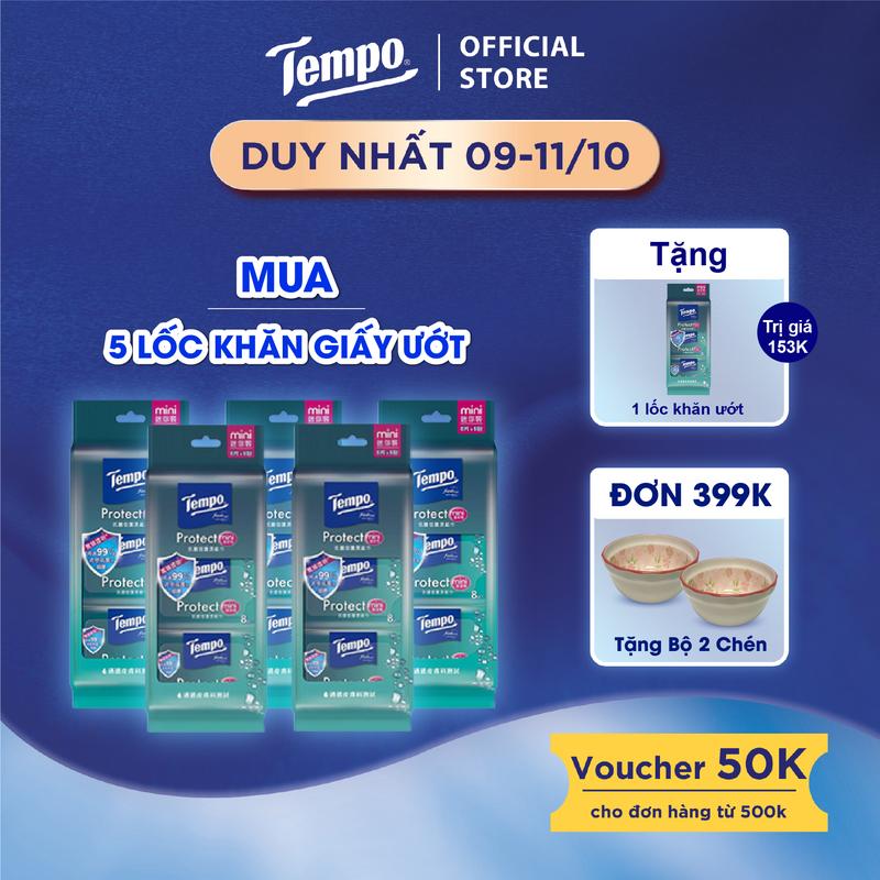 [MUA 5 LỐC TẶNG 1 LỐC KHĂN ƯỚT] Khăn giấy ướt Mini Tempo Protect Ngăn Ngừa Vi Khuẩn cao cấp - Diệt khuẩn 99% - Thương hiệu Đức