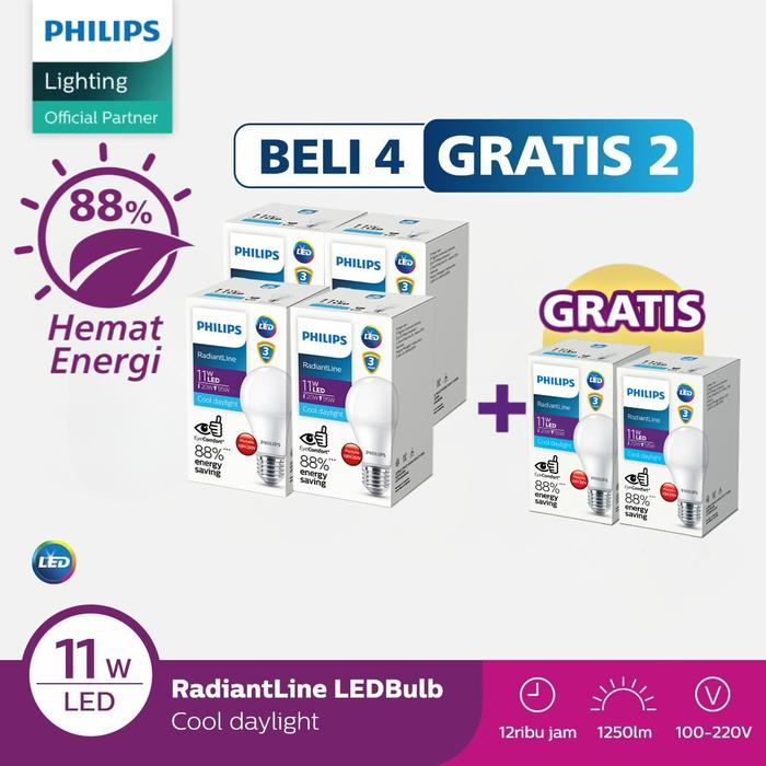 Gambar Beli 4 Gratis 2 Philips Lampu Radiantline LEDBulb 11W Putih dari Philips lighting Surabaya Kota Administrasi Jakarta Timur Tokopedia