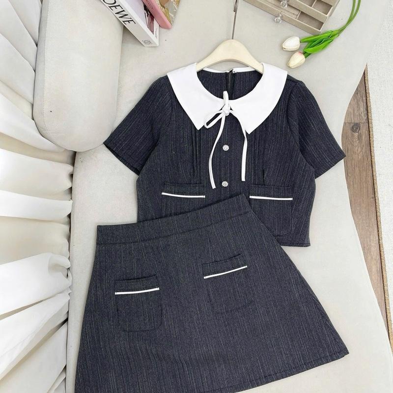 Set Áo Váy Ghi Xám Cổ Trắng Mix Chân Váy A Thanh Lịch Đi Làm Đi Chơi Hottrend #BIGSIZE Cho Nữ