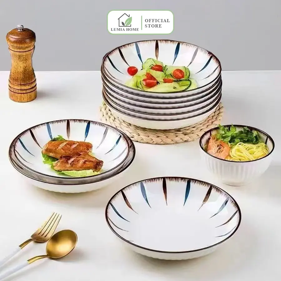Piring Keramik Bulat 8 Inch | Set 4 & 6 Pcs | Piring Makan Tebal Motif Garis