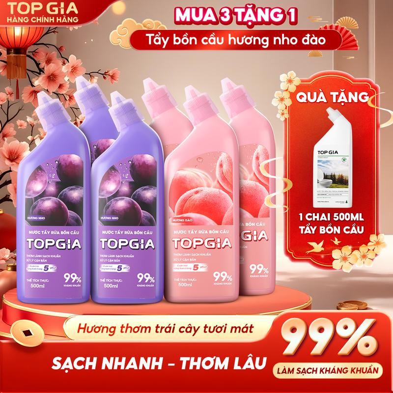   COMBO VỪA SẠCH VỪA THƠM  3 Chai Nước Tẩy Bồn Cầu Hương Nho Đào TOPGIA- Tặng 1 Chai Tẩy Bồn Cầu Siêu Mạnh Hương Gỗ Thông - Một Lần Tẩy Cả Ngày Thơm - Làm sạch mọi vết bẩn Kháng khuẩn 99,9% An toàn cho lớp men - Topgiaclean - TBCNĐ 