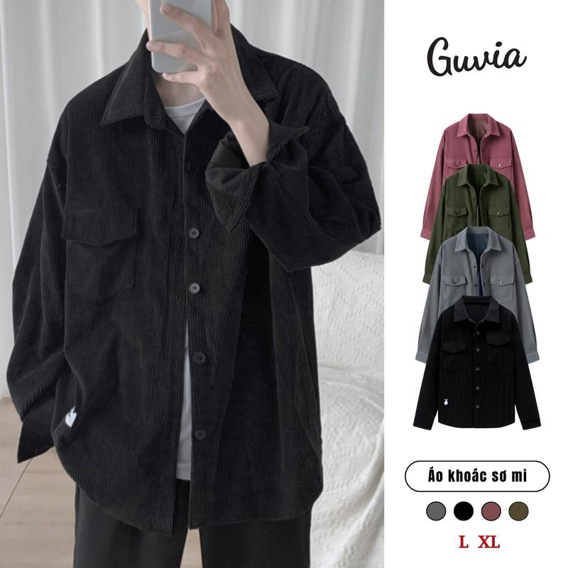 AKN03 Áo Khoác Sơ Mi Nhung Tăm GẮN LOGO Nam Nữ Kiểu Basic Dài Tay Áo Oversize Nhiều Màu Menswear Unisex Cổ Tròn