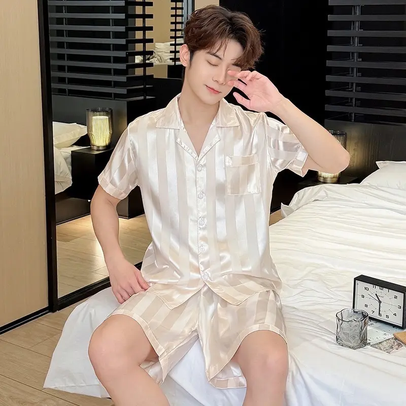 Bộ  Ngủ Đùi Pijama Nam Nữ Đen Sọc Chất Lụa Cao Cấp Nhung 5