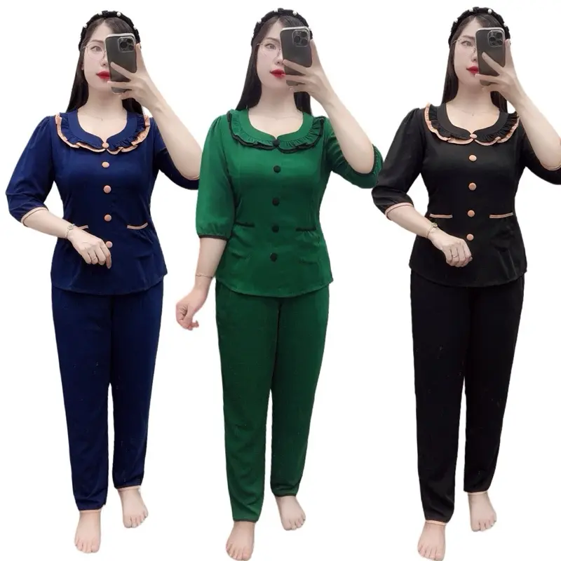 Đồ Bộ Nữ Áo Tay Lỡ Quần Dài, Vải Đũi Lạnh Mặc Mát, có Co Giãn, Nhiều Mầu Sắc Thanh Lịch Thích Hợp Cho Mọi Lứa Tuổi( Women) 0