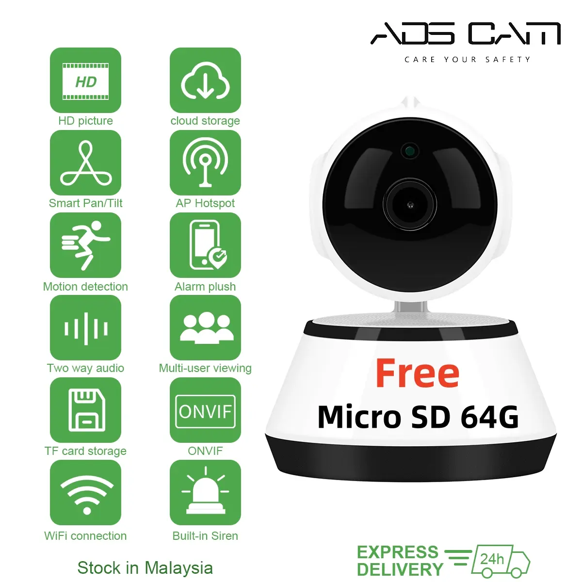 FREE SD card ADS CAM CCTV Wireless IP Camera WiFi 1080P HD Indoor Securtiy Alarm Prompt Infrared cctv Night Vision Two-way Voice Child Old-man Micro SD 60fps 1.8f/ IDO type 30fps SD warranty 1 year+64GB Black Monitor Photography camera360 viral