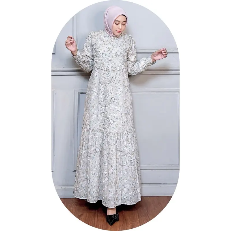 MOZHA SHAFURA. Cloth- ALIKHA DRESS Bahan Katun Bordir Kerancang Gamis Motif Wanita Panjang Berpuring Nyaman Halus Lembut Kancing Busui dan wudhu friendly Casual Mewah Formal Simple Elegant Muslim Kombinasi Kerah Variasi Kotak 6