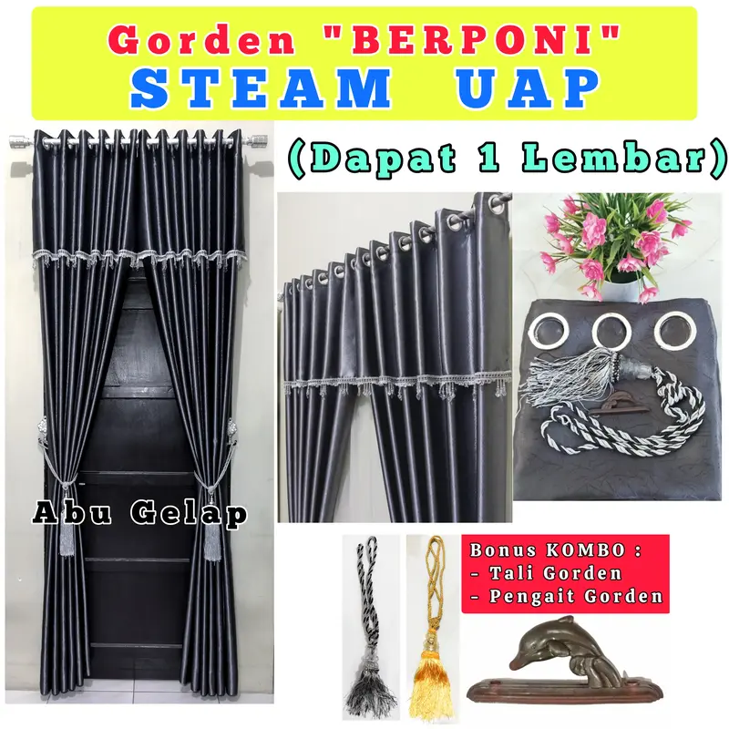 (dapat 1 Lembar) BERPONI "STEAM UAP" gorden Blackout Embos Super Tebal gordyn korden kordeng horden hordeng tirai dilengkapi Poni Dibagian Bawahnya Abu Gold Abu 0