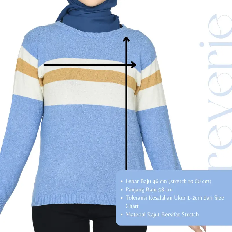REVERIE - Lavena Blouse Knit - Warna Biru Muda Putih Cream - All Size 46cm Strech to 60cm  | Atasan Rajut Wanita | Sweater Rajut Wanita | Baju Rajut Wanita | Atasan Rajut Casual | Knit Stripe | Knit Top 2