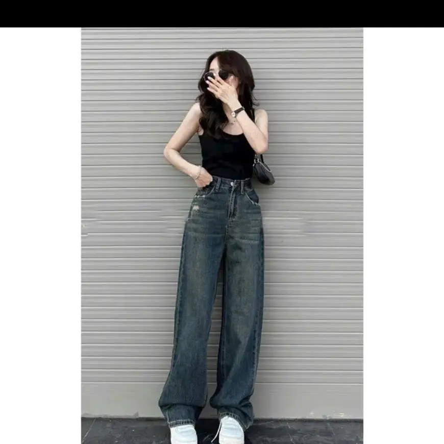 Quần jeans suông nữ cạp cao thời trang - vải dày mềm mại