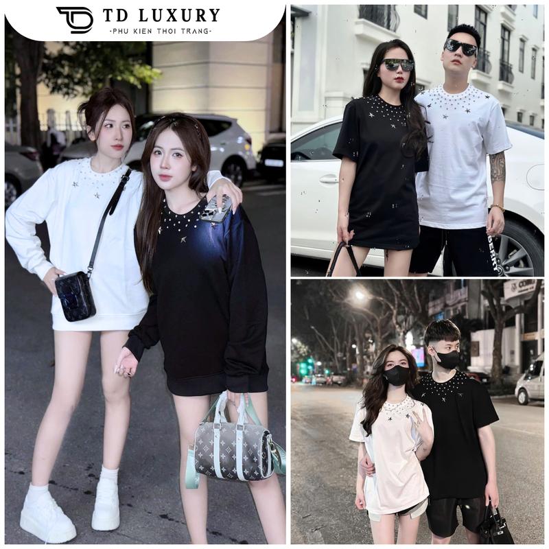 Áo phông unisex đính đá ngôi sao quanh vành cổ basic ngắn và dài tay nam nữ vải cotton nỉ hot trend | TD Luxury Menswear Top Cổ Tròn Trắng aothun basic