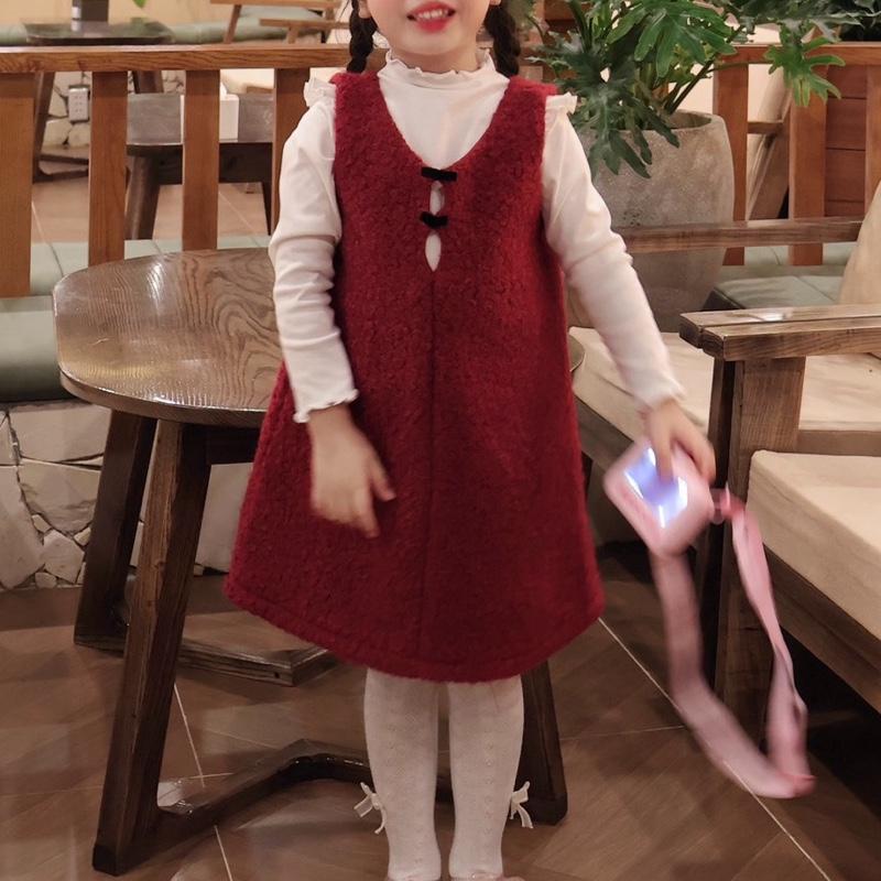  Váy yếm Đỏ Đô dạ lông cừu mix nơ xinh cho bé gái mặc Noel Tết - Váy  không kèm áo  