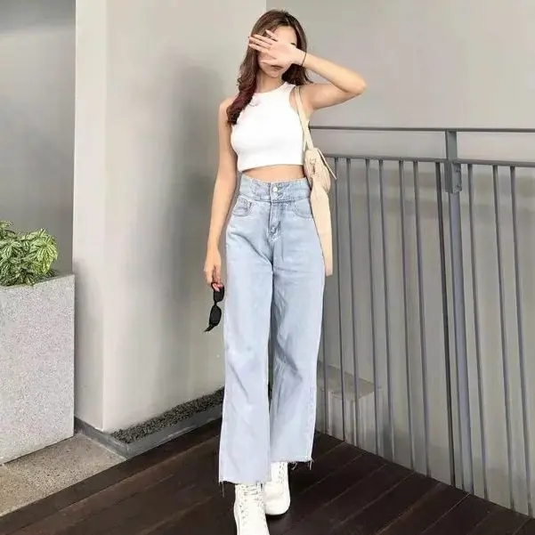 OZY STORE - Celana Jeans Wanita Highwaist Kancing 2 Model Belakang Silang Highwaist Bawahan Loose 3