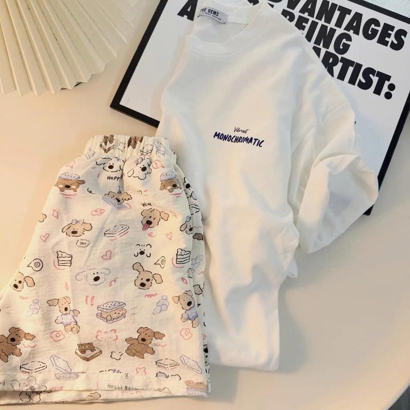  Bộ đồ ngủ unisex nam nữ mặc nhà Áo phông + Quần short đùi cute nhiều màu chất liệu cotton thoáng mát  có size nhỏ  
