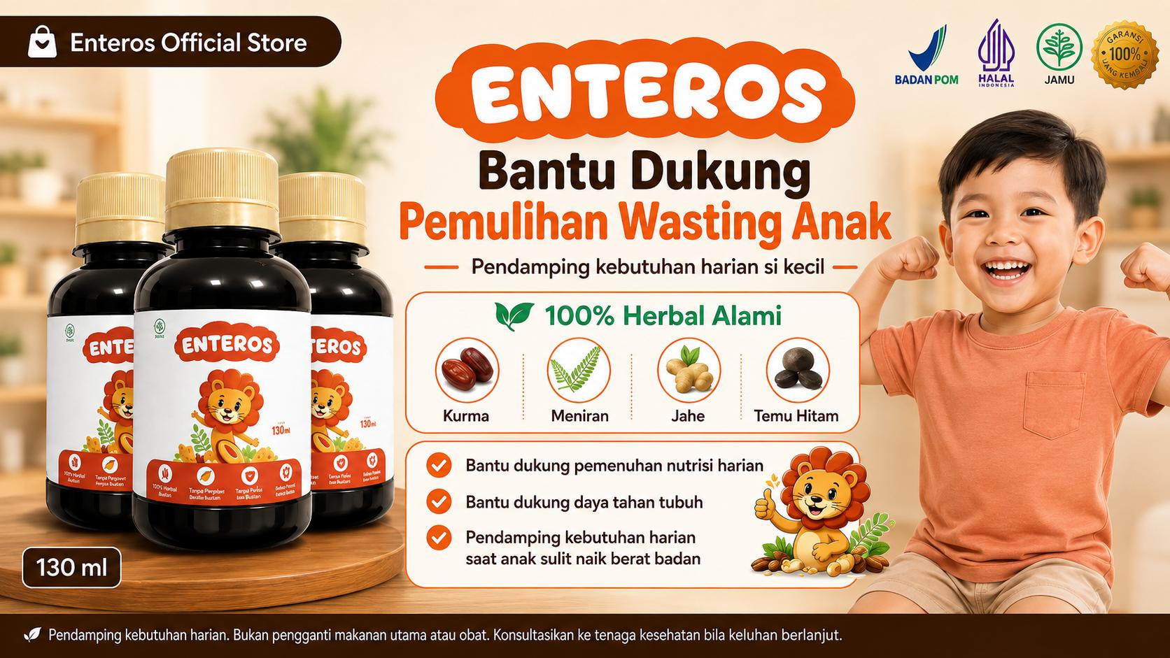 Enteros - Suplemen Herbal Cegah Wasting + Bantu Naikkan Nafsu Makan Anak | Halal BPOM 130ml