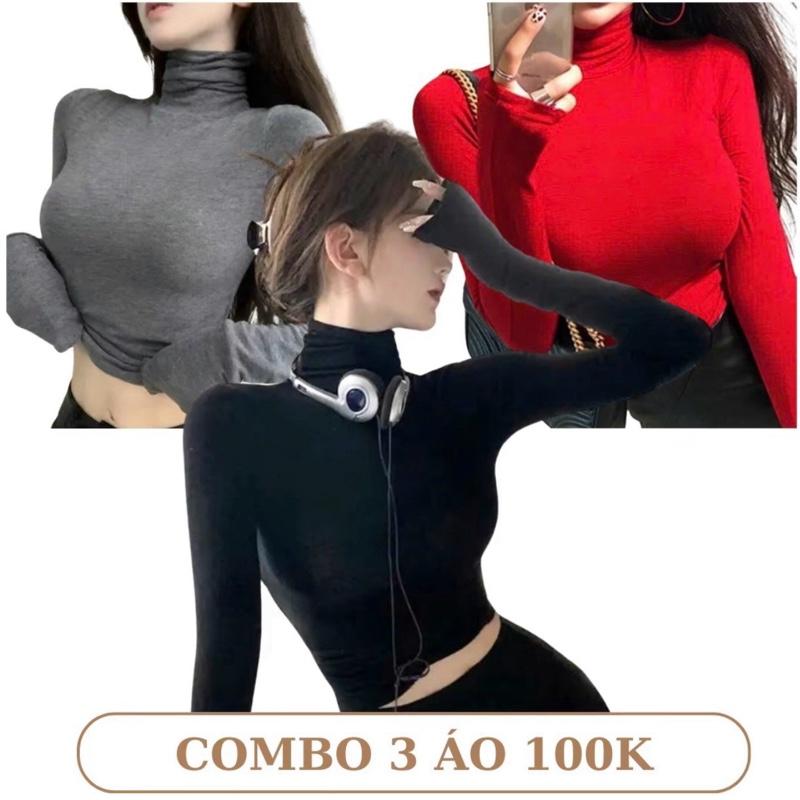 Combo 3 Áo Cổ Cao Tay Dài Ôm Body Thun Coton Lụa Mỏng Ủ Kem Mịn Mát Co Giãn 4 Chiều Thấm Hút Mồ Hôi Tốt Phù Hợp 4 Mùa Freesize 40-52kg Chất Liệu Mịn Mát Co Giãn 4 Chiều