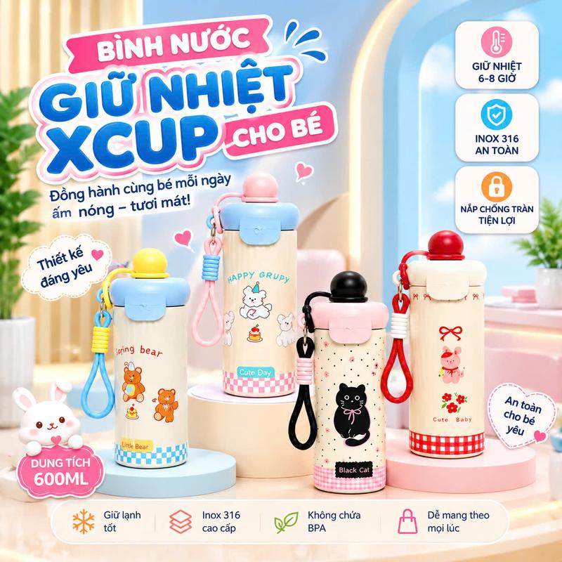 BÌNH giữ nhiệt nóng lạnh dung tích 600 ml múm ngũ sắc nhiều họa tiết dễ thương